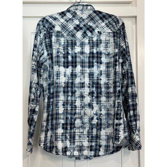 Buckle Pearl Snap navy plaid and bleach distressed Western Shirt LG 100% Cotton - Picture 2 of 9